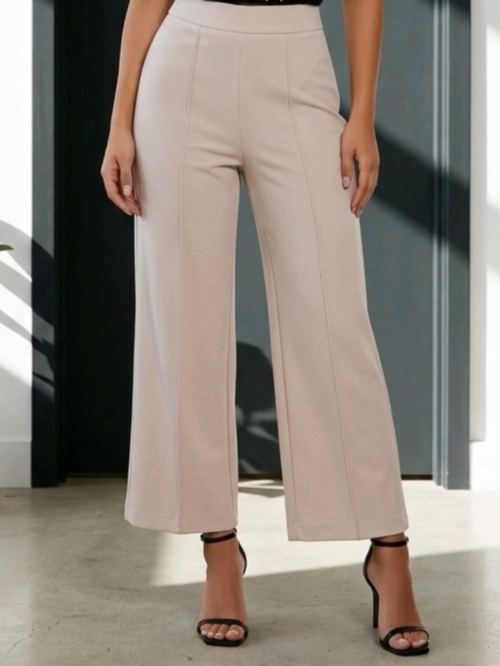 Jones & Co High-Rise Wide Leg Trousers in Light Beige